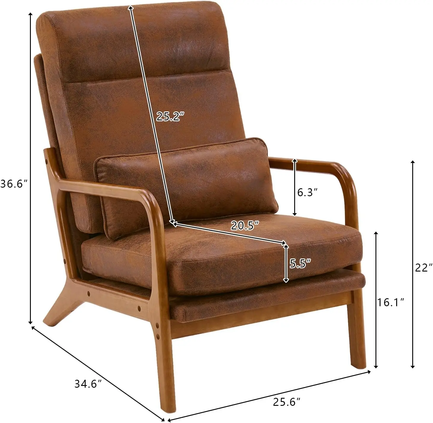 High Back Accent Armchair, Upholstered Mid Century Modern Reading Seat For Living Room And Bedroom, Solid Wood Frame Single Sofa With Lumbar Pillow, Retro Home Furniture, Brown, 1 Pack