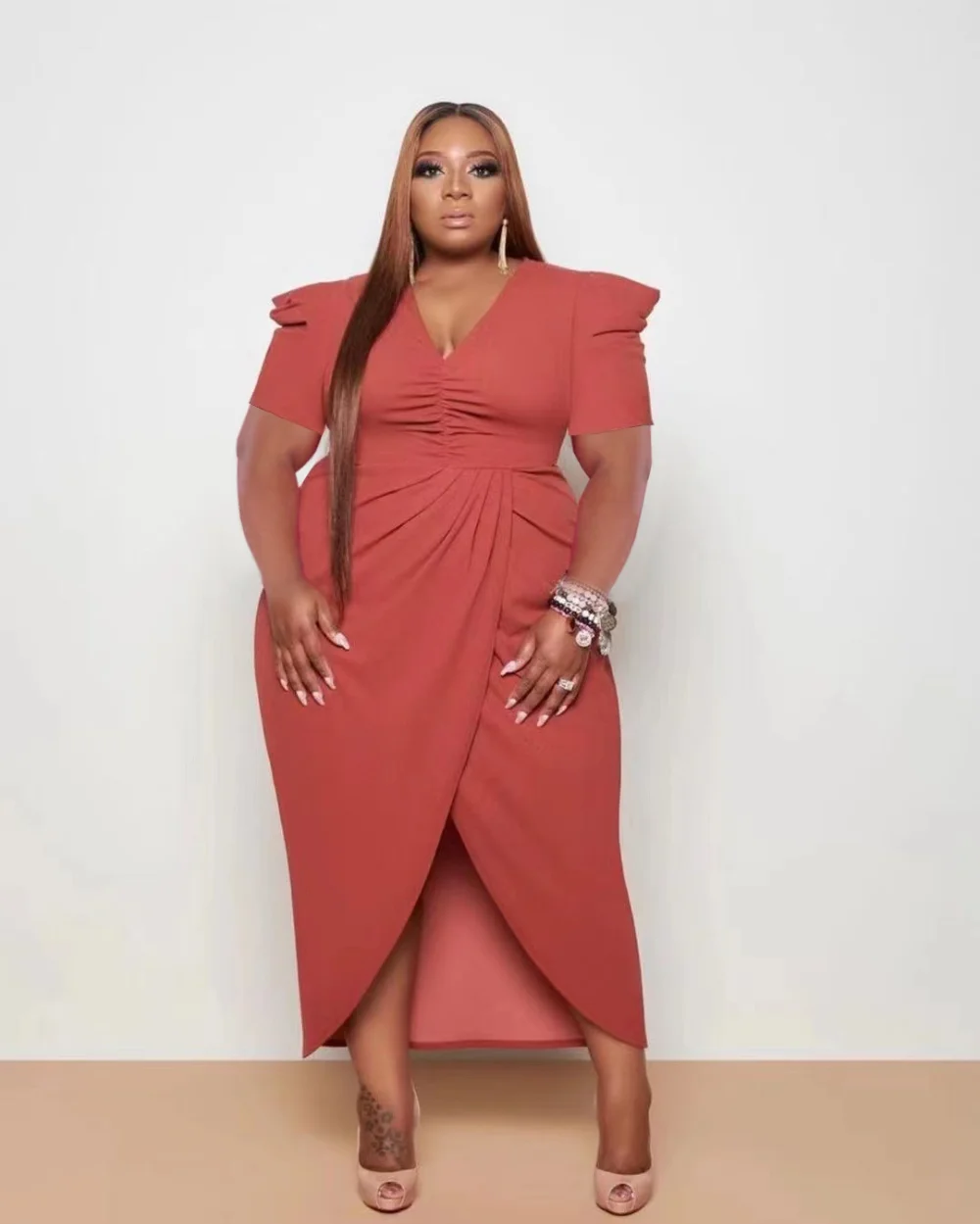 Plus Size Dresses Summer V Neck Short Sleeve Split Ankle Length Dress Casual Elegant Vintage Women Clothings Club Party Robes