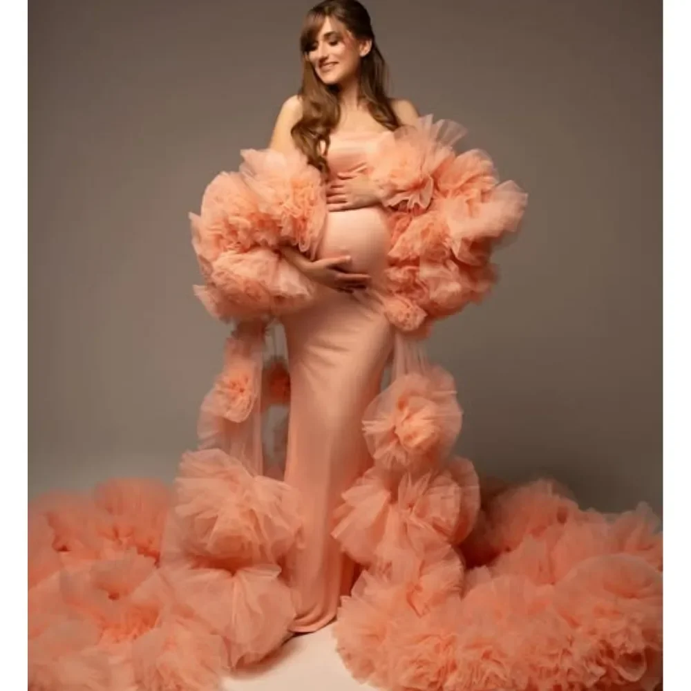 Hochwertiges langes Umstandskleid von Metmaid für Fotoshootings, handgefertigte lange Blumen-Tülljacke und dehnbares langes Kleid, formelles Kleid