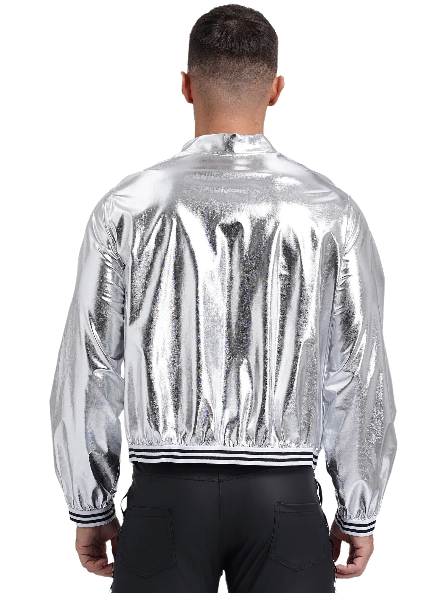 Mens Metallic Shiny Bomber Jacket Long Sleeve Zip Up Baseball Jackets Coat Rave Dance Party Festival Varsity Outerwear Clubwear