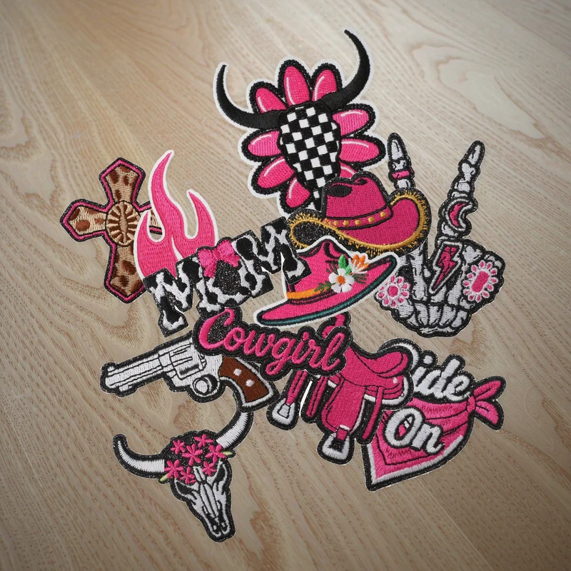 12Pcs Pink Western Cowgirl Iron On Patches Cowboy Hat Bull Head Saddle Revolver Embroidered Appliques for Clothing Jeans Bag