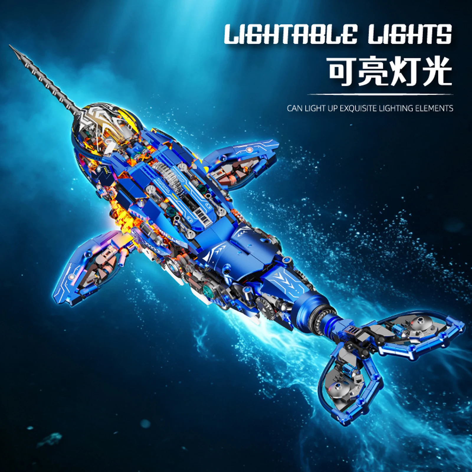13155 1288PCS Mechanical Narwhal Building Blocks, Motor‑Driven Movable Marine Whale Model With Light, DIY Hobby Collectible Gift