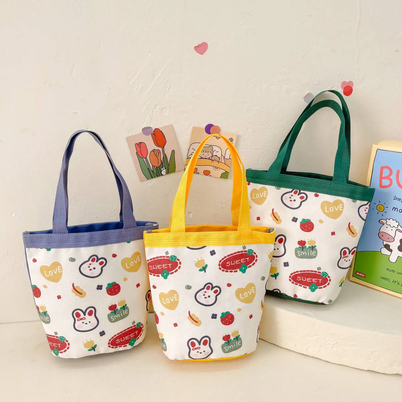 Saco de lona com padrão dos desenhos animados para meninas, estilo kawaii bolsa de ombro, lanche, padrão dos desenhos animados