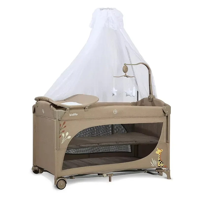 4 in 1 Foldable Baby Fence Travel Crib with Mosquito Net Changing Table with Wheels Suitable for Baby Room