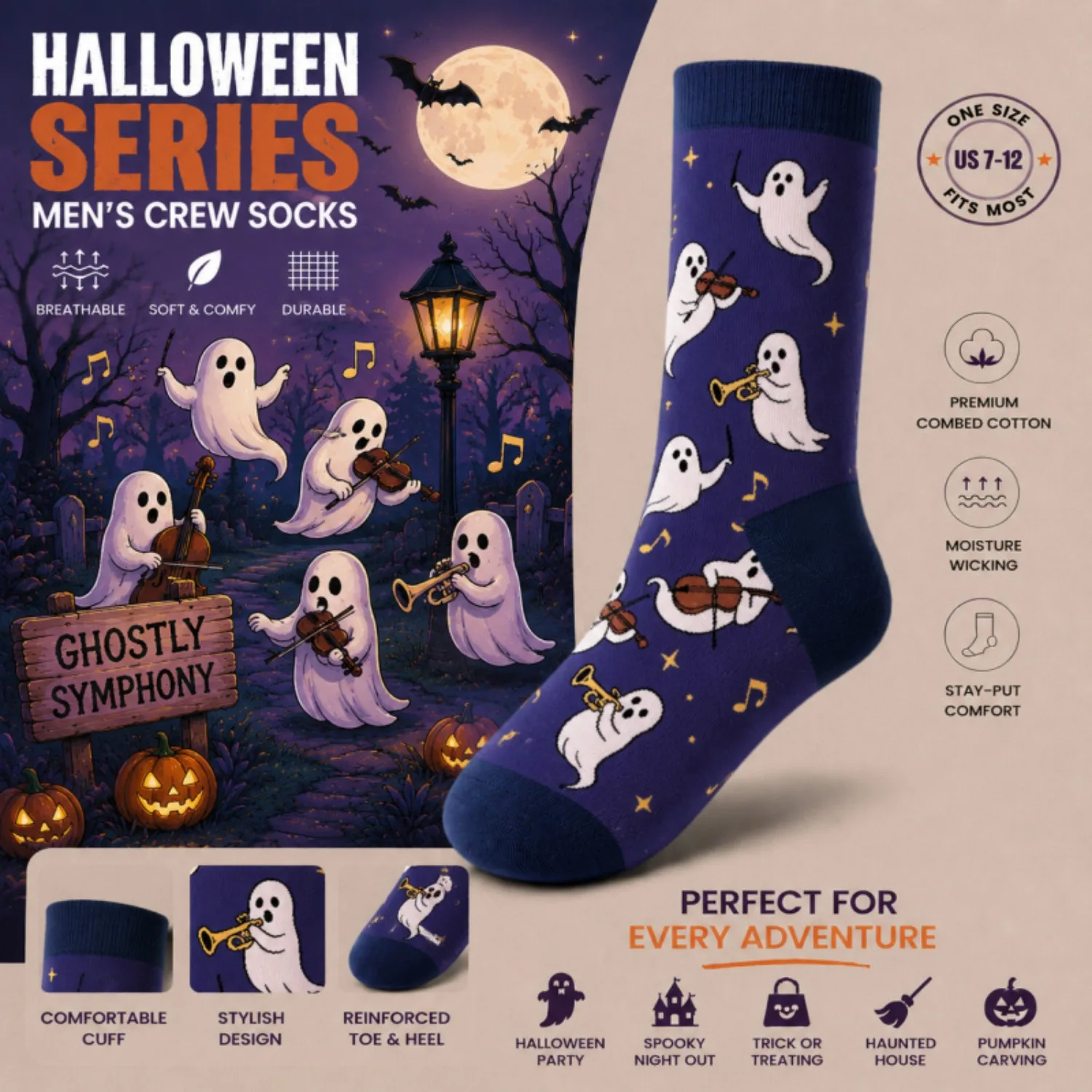 1/5 Pairs Halloween Ghost Music Crew Socks Women Men Funny Spooky Cartoon Mid Calf Socks Casual Autumn Winter Party Socks