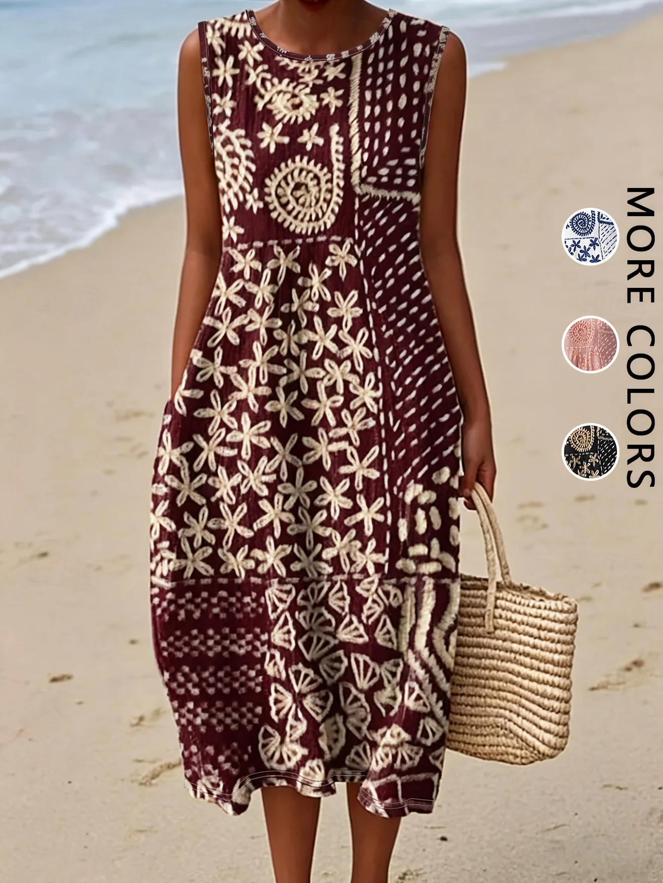 2026 Women's sleeveless Bohemian floral casual beach MIDI sundress with pockets flowing and loose Sweetheart Rustic Country image 6