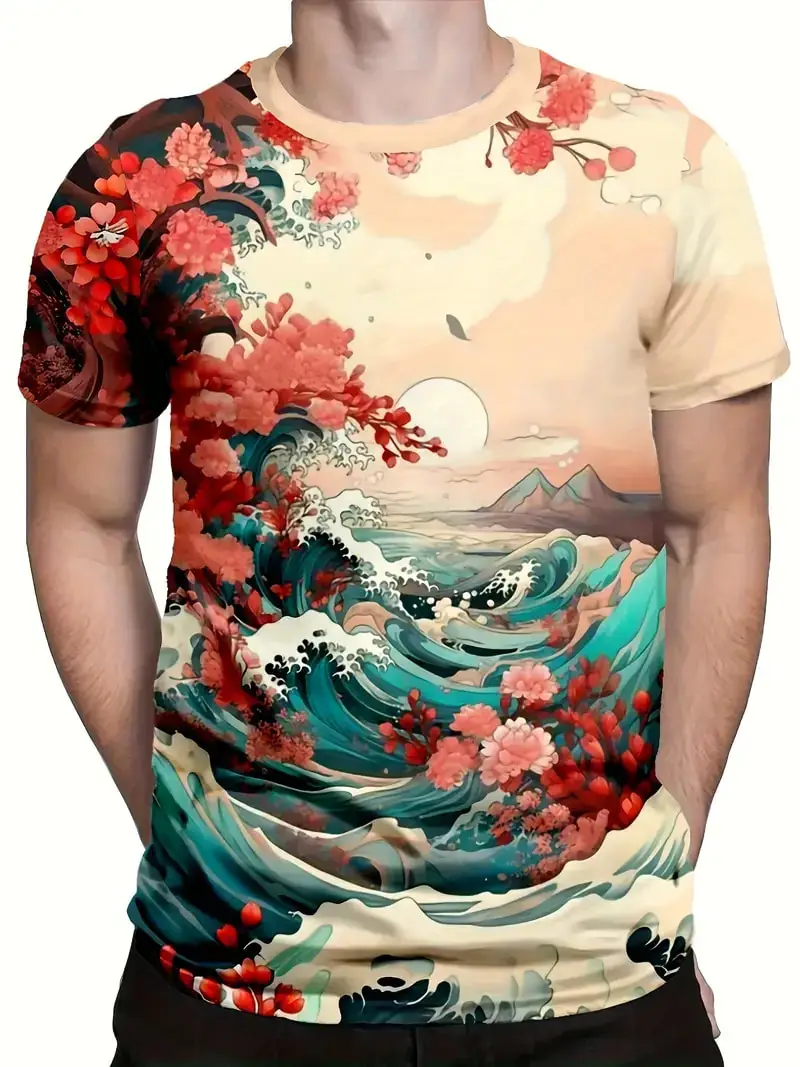 Japanese Geisha Cherry Blossoms Print Men's T shirt 3D Summer Casual Man/Women Short sleeve Crew Neck T-shirt Tops Oversized Tee