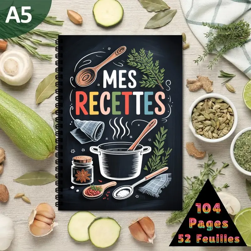 Französisches Kochbuch | Notizbuch mit Spiralbindung im A5-Format – bietet Platz für bis zu 100 Rezepte, Küchen-Organizer-Notizblock für die Mahlzeitenplanung und Kochen