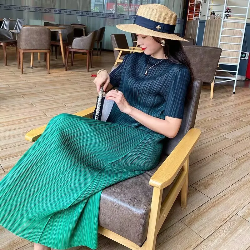 Korean Ladies Medium Long Styles Maxi Dress 2026 Female Contrast Color Pleated Dress Summer Women Large Size 4XL Long Dresses