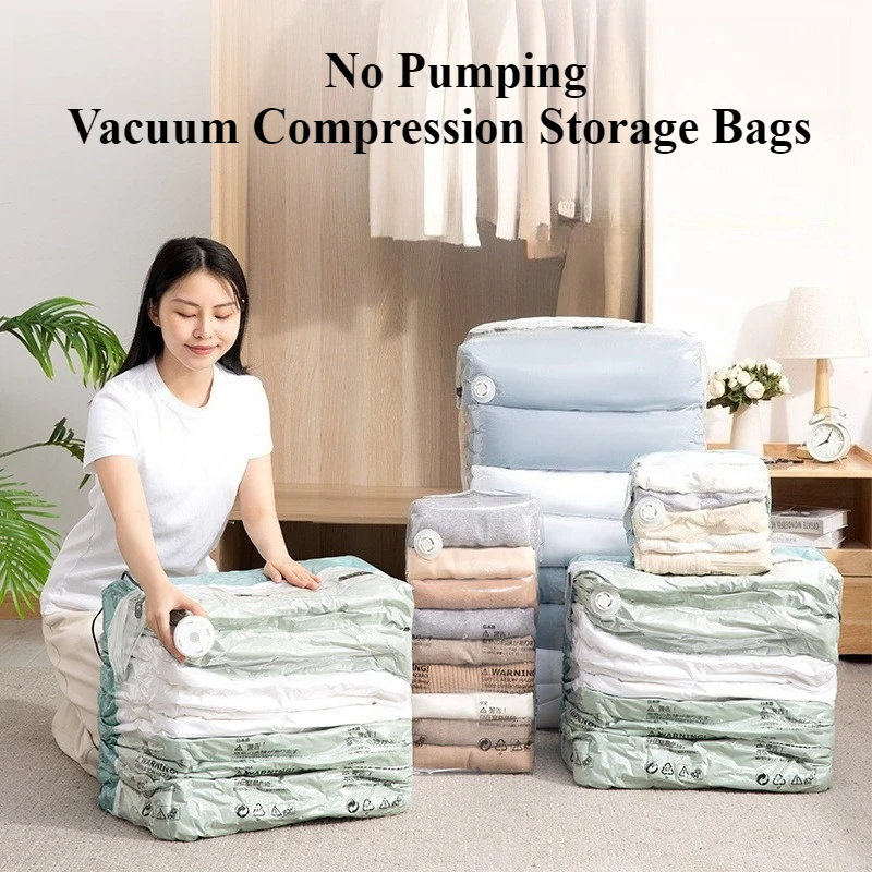 

No Pump Vacuum Storage Bag-Hand Press Compression with Double Seal for Clothes/Bedding Space Saving Organizer, Mold/Insect Proof