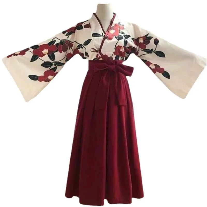 Kimono Sakura Girl Cosplay Japanese Style Floral Print Vintage Dress Oriental Camellia Yukata Suit Women Stage Performance Hanfu