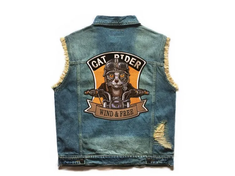 Embroidered Denim vest cowboy blue Jeans Patchwork Motorcycle Biker Jeans Sleeveless jacket punk Cowboy Fashion vest 6XL