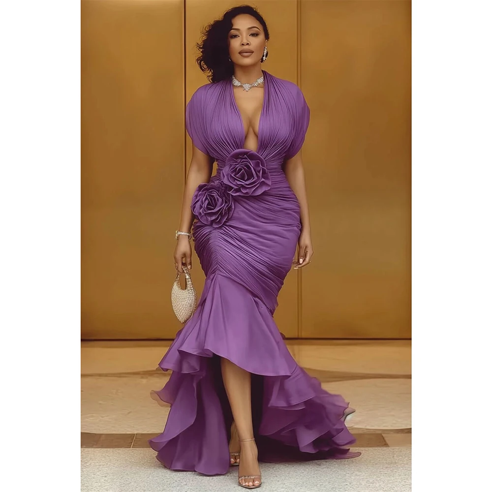 3D Floral Mermaid Evening Plus Size Dress Deep V Neck High Low Ruffle Maxi Dress Women Bodycon Formal Wedding Guest Dress