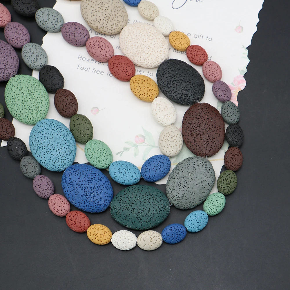 

Multi-Size Dyed Volcanic Rock Oval Bead Polished Semi-Precious Stone Straight Hole Handmade Necklace Bracelet Accessory 1 Strand