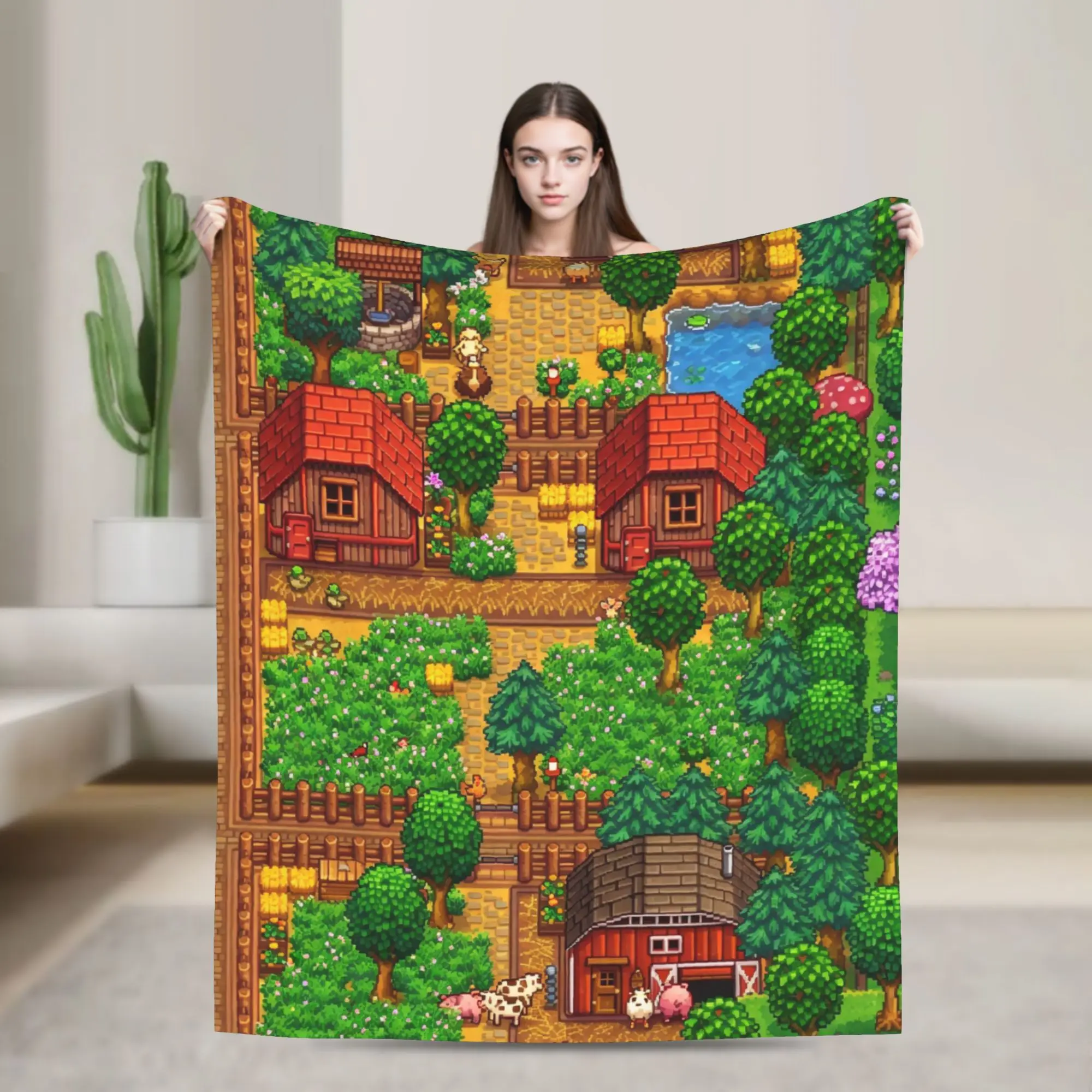 Custom S-Stardews V-Valleys Blankets Warm Flannel Town Map Throw Blanket for Bed Travel Rug Piece