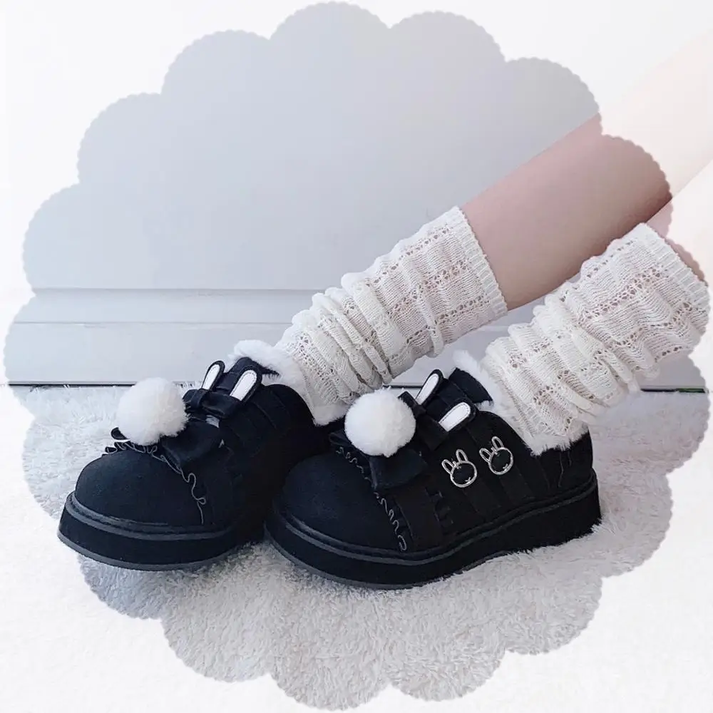 Botas de neve Kawaii Bowknot para mulheres, sapatos Sweet Lolita, vintage, cabeça redonda, além de cashmere, manter aquecido, fofo, menina, loli, inverno