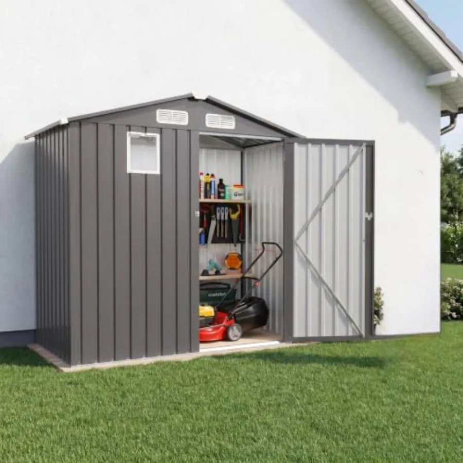 Outdoor backyard patio garden lawn supplies metal storage sheds: durable galvanized steel, charcoal gray, weather-resistant wit