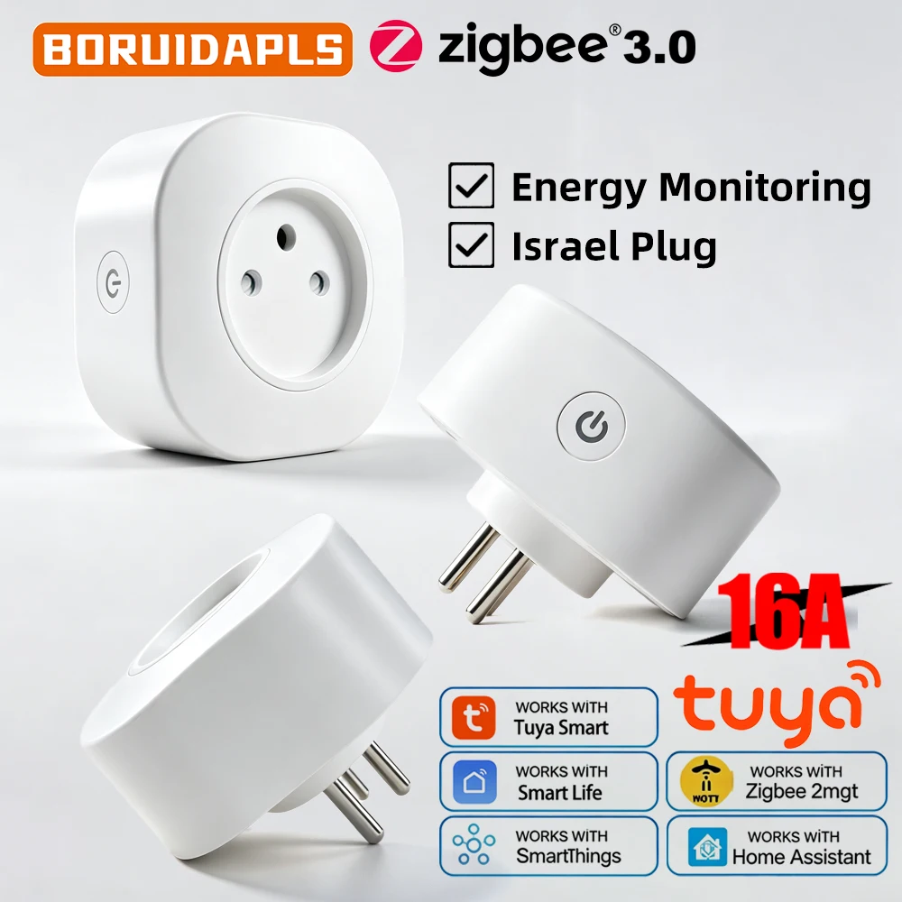 BORUIDAPLS Tuya ZigBee3.0 Israel Smart Plug IL Standard Power Socket Power Monitoring Smart Life App Remote Voice Timing Control