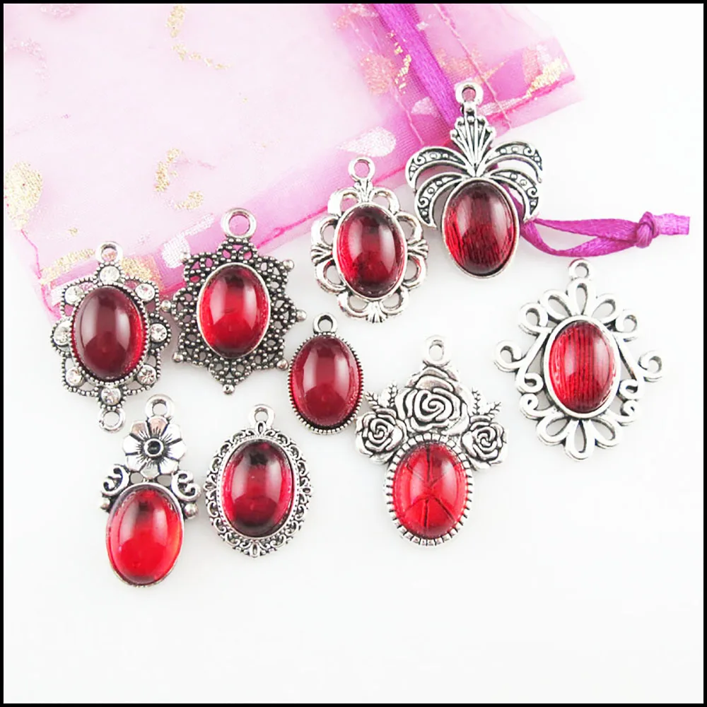 Fashion New Clover Flower Rose Oval Charms 10x14mm Red Glaze Tibetan Silver Plated Pendants Retro