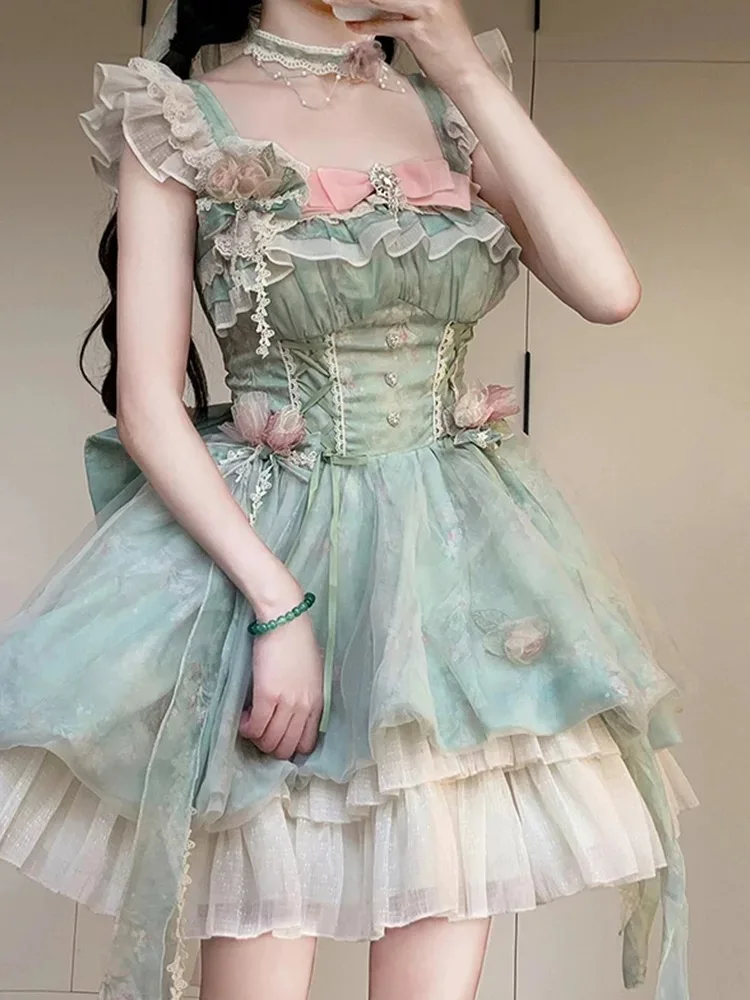 Abito da festa di compleanno verde chic coreano donna estate nuova vita dolce abiti corti sottili abiti Lolita fata dei fiori giapponese 2025