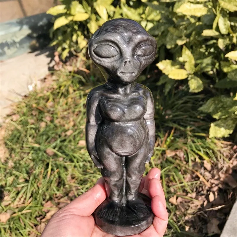 

18cm Natural Silver Obsidian Alien Statue Cartoon Alien Skulls Powerful Home Decor Gifts For Holiday Gifts