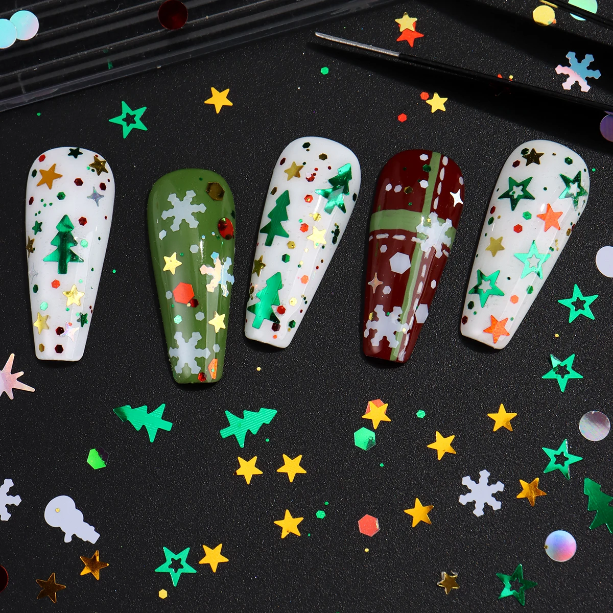 กลิตเตอร์เลื่อมตกแต่งต้นคริสต์มาส ลายเกล็ดหิมะสีขาว ดาว ฮอลลี่ ตุ๊กตาหิมะ ลายจุด สำหรับตกแต่งในเทศกาลวันหยุด