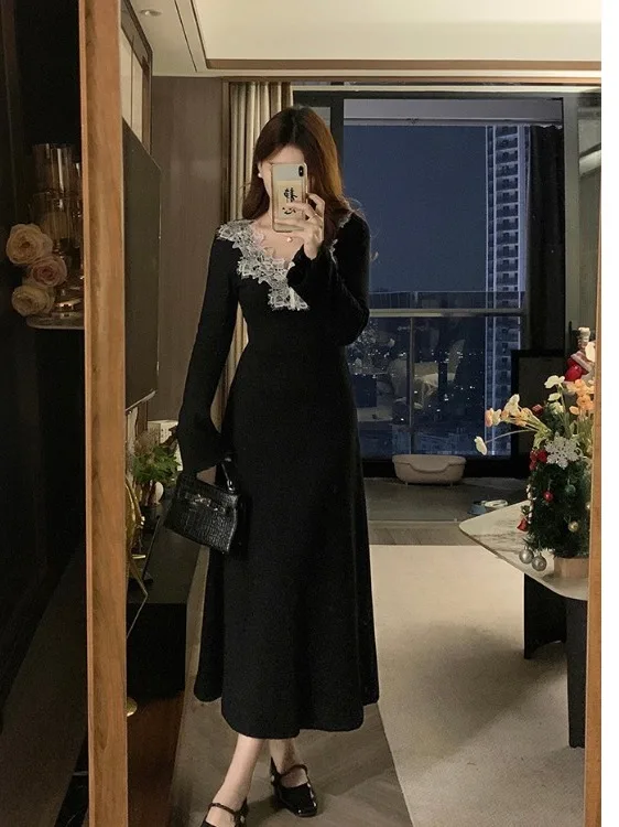 

Женское кружевное вязаное платье больших размеров с высокой талией, длинным рукавом, V-образным вырезом, А-силуэт, осеннее, новое, модное, для города и офиса