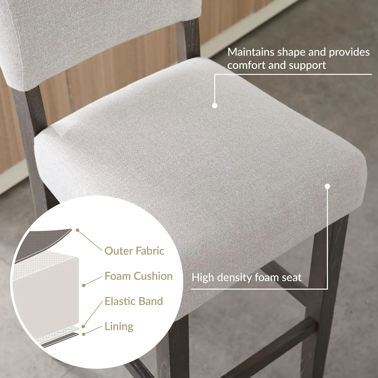 Estofados Back Counter Altura Stool com base de madeira, Cozinha Contadores e Ilhas, Conjunto de 2