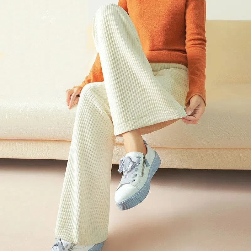 Simplicity Autumn Winter Corduroy Pants Women Solid Pockets Elastic High Waist Fashion Straight Wide Leg Ankle Length Trousers
