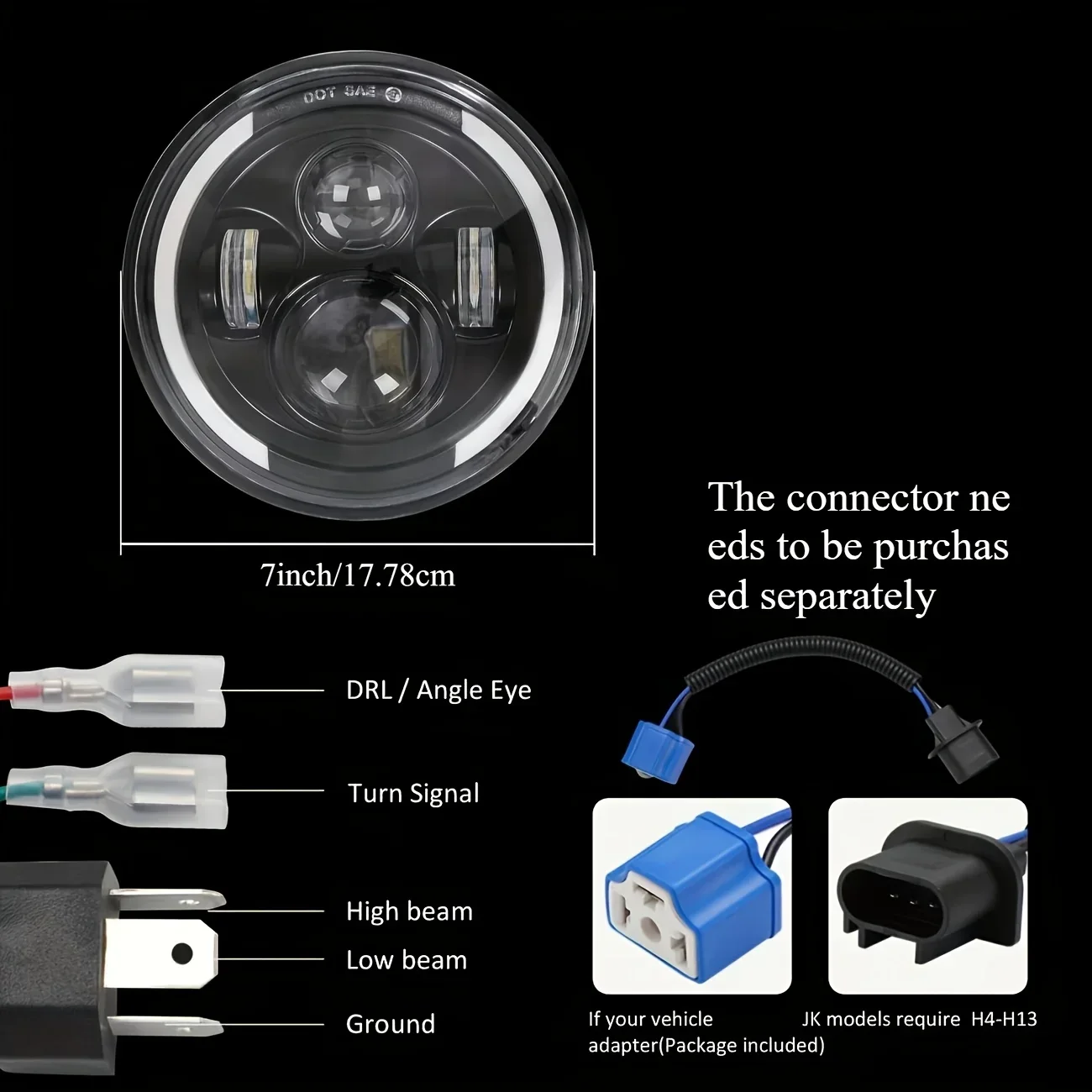 50W 7Inch 17.78cm LED Angel Eye Headlight Semi-circular 4-Lens DRL Universal Motorcycle Offroad Car Mod Front Light No Battery