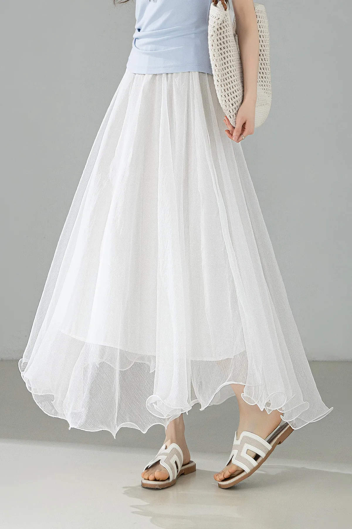 SENTUBILA Eleganter Hochgeschnittener Schimmernder Chiffon A-Linien-Rock 2026 Sommer Weißer Netzrock mit Elastischem Bund Damen-Unterteil W62QG7415 – Detail 15