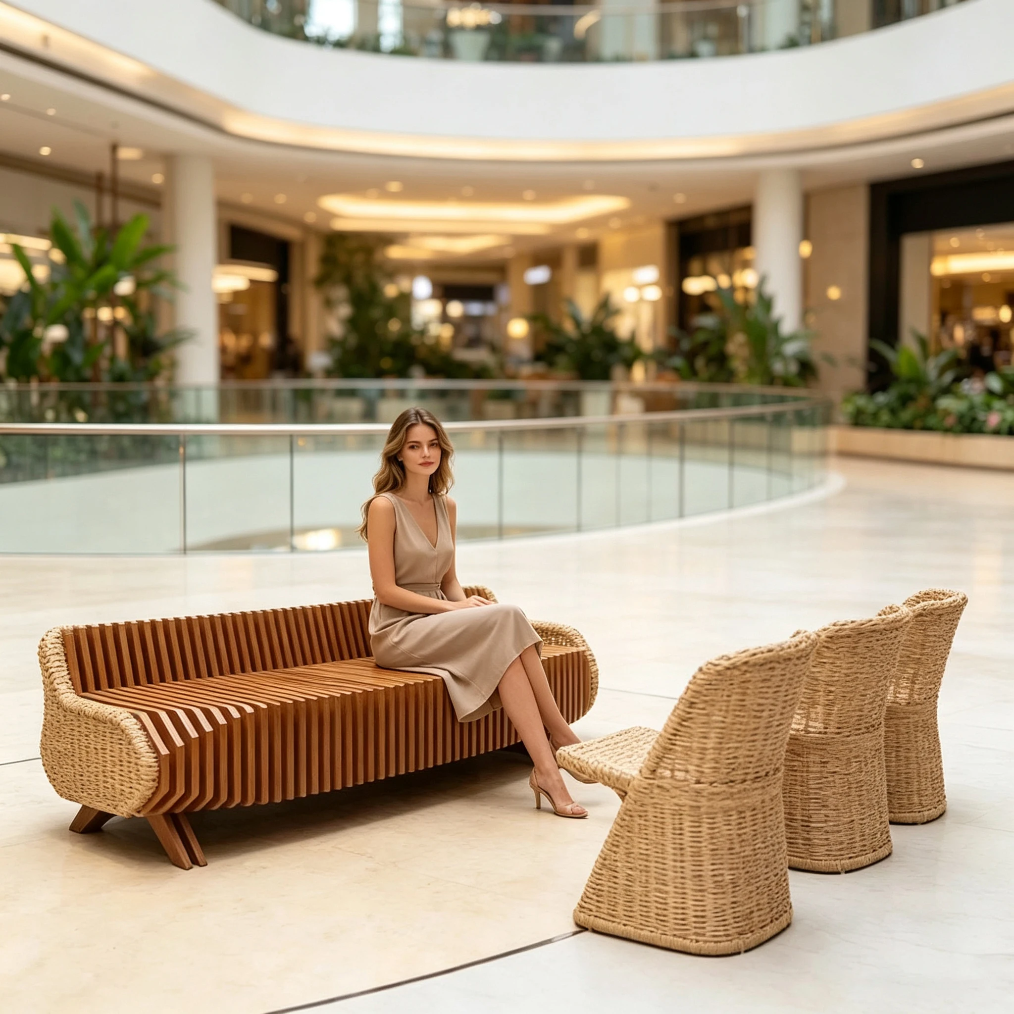 Rattan Solid Wood Slatted Sofa Modern Outdoor Three-seater Made in Guangdong Hotel Lobby Courtyard Garden Public Leisure