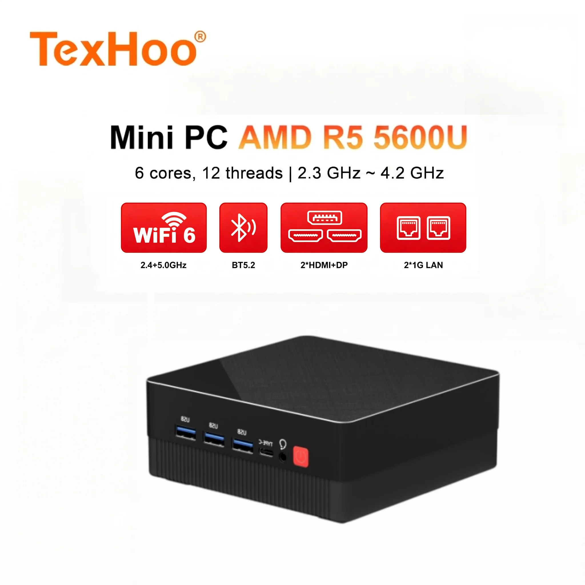 TexHoo AMD Ryzen 5 5600U 2xDDR4 3200Mhz Wifi6 BT5.2 HDMI*2+DP Dual LAN Mini PC Diy Desktop Computer Mini PC Barebone for Office