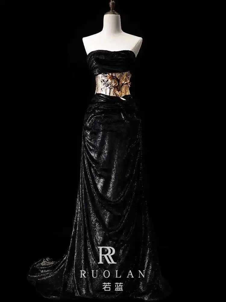 Off-Shoulder Evening Dress 2025 New High-End Luxury Niche Host Black Dress for Women Toast Dress Bride