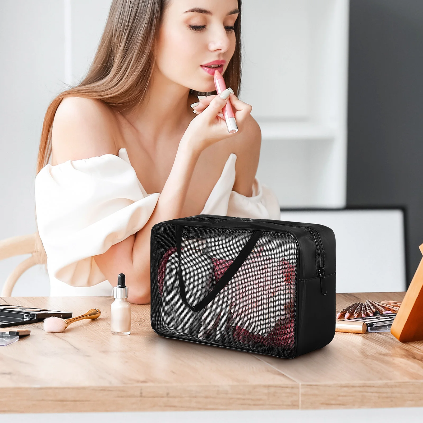 حقيبة أدوات الزينة الشبكية ذات سعة كبيرة وتصميم شفاف للسفر للنساء حقيبة مكياج من قماش أكسفورد حقيبة غسيل بسحاب للتخزين #6