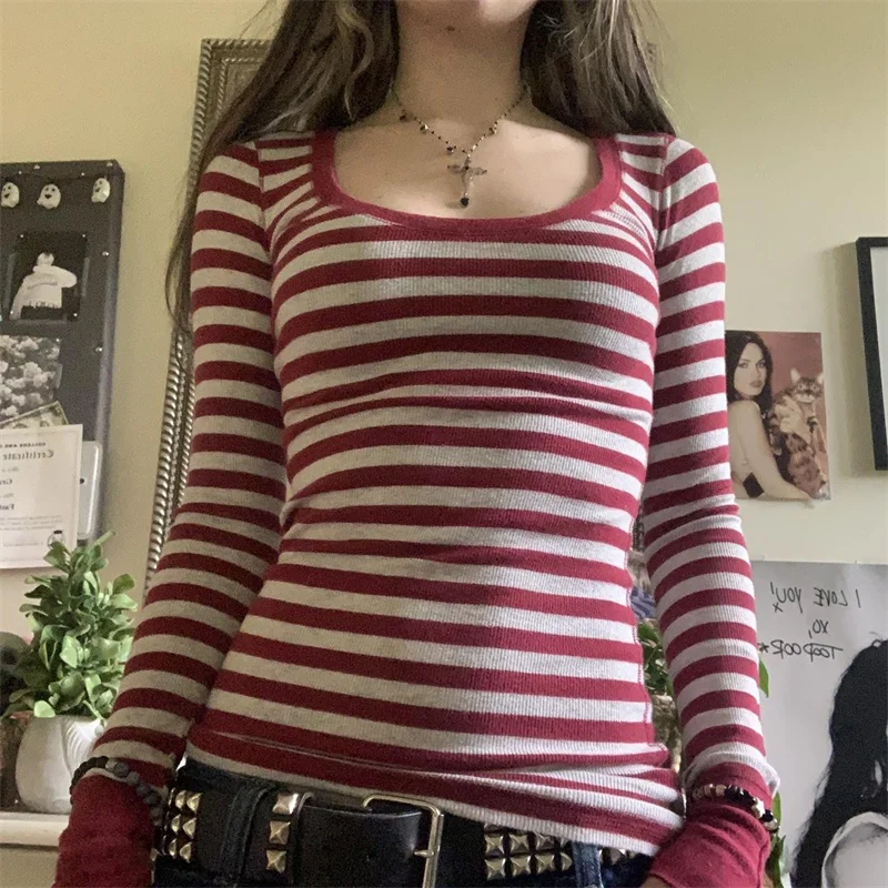 Women Y2k Striped Long Sleeve Shirt Grunge Tops Vintage Aesthetic Gothic U Neck Color Block Tees Fairy Teens Girls Shirts