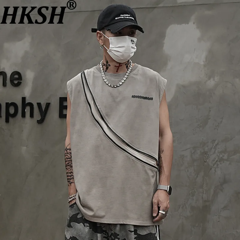 

HKSH Spring Summer Men's Niche Design Fashion Zippper Hollow Mesh Chic Ins Sleeveless Vest Trendy Simple Casual Tank Tops HK7976