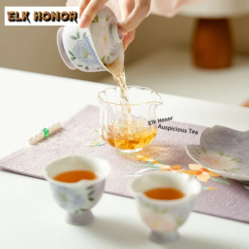 105ml Hand-painted Peony High-footed Gaiwan Handmade Tea Tureen Tea Bowl With Lid Kit Tea Brewing Cover Bowl Drinkware Craft