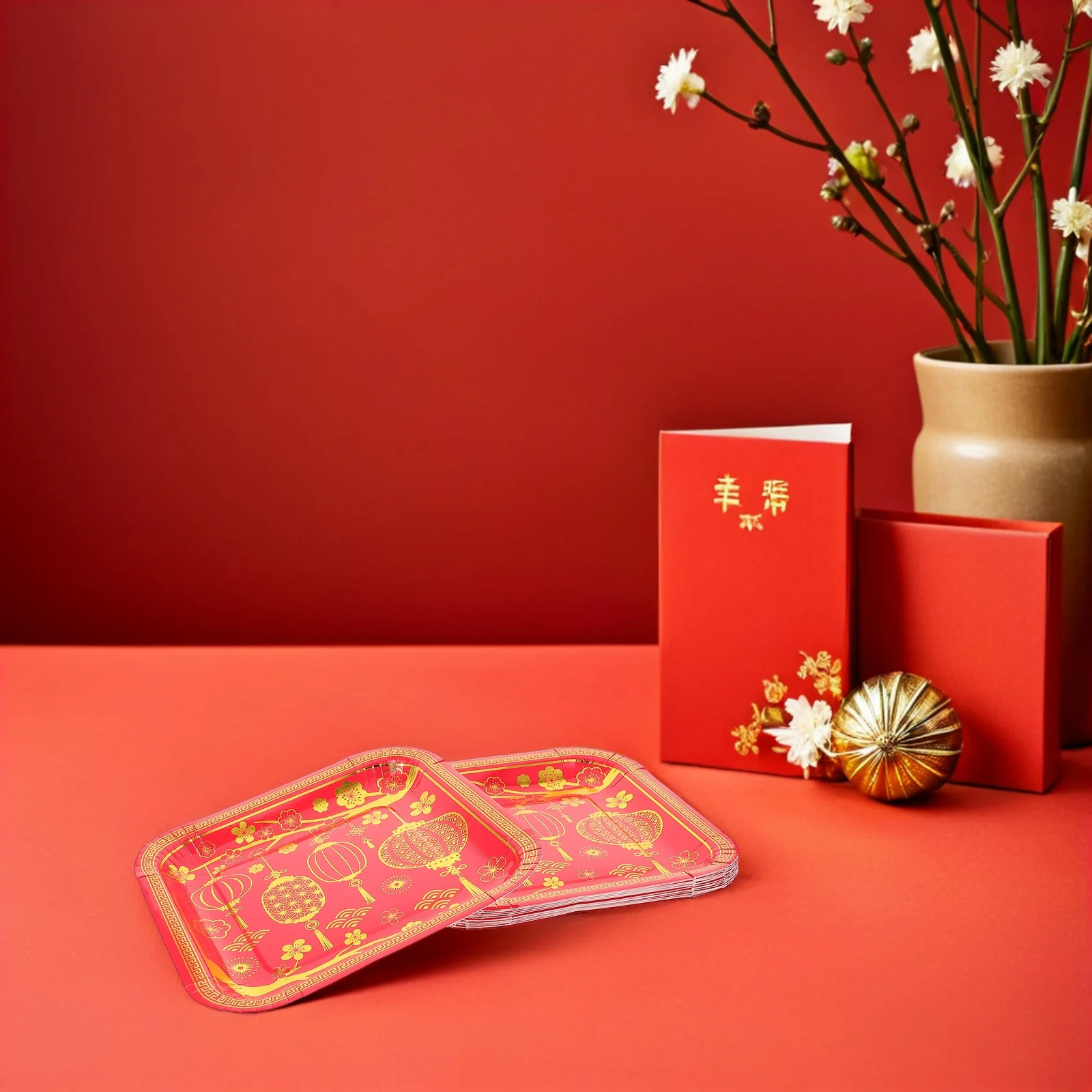 

16pcs Chinese New Year Party Plates Gold Foil Red Disposable Square Paper Tableware Set For Spring Festival Lunar Decorations