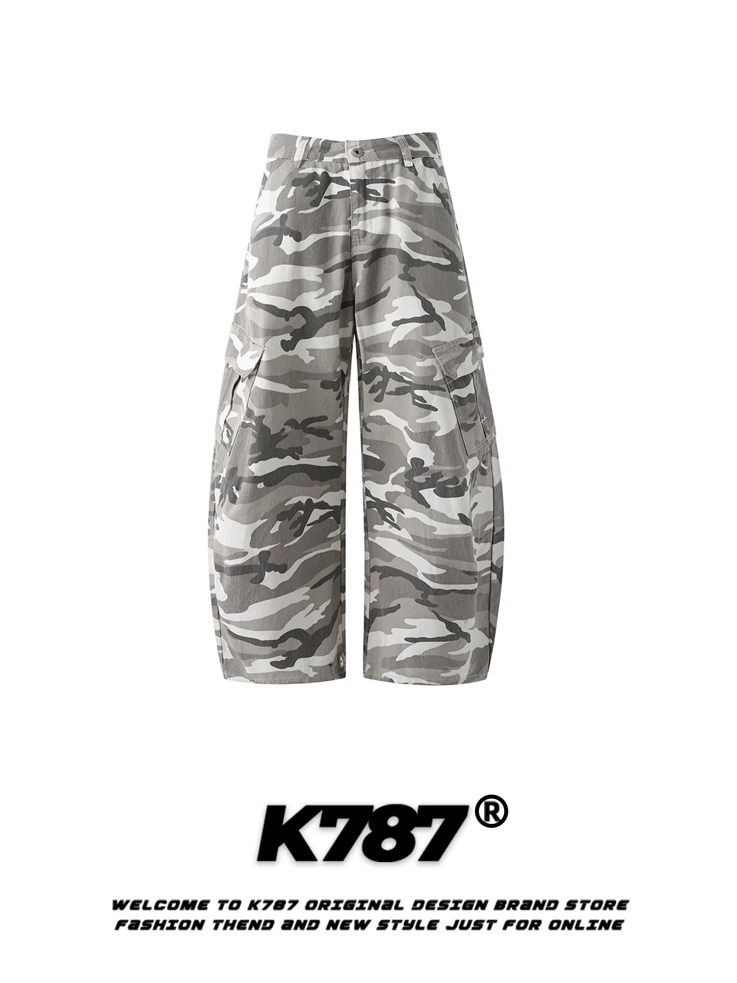 

K787 American Retro Camouflage Multi-Pocket Work Pants Loose Casual Wide Leg Floor-Length Trousers for Men And Women