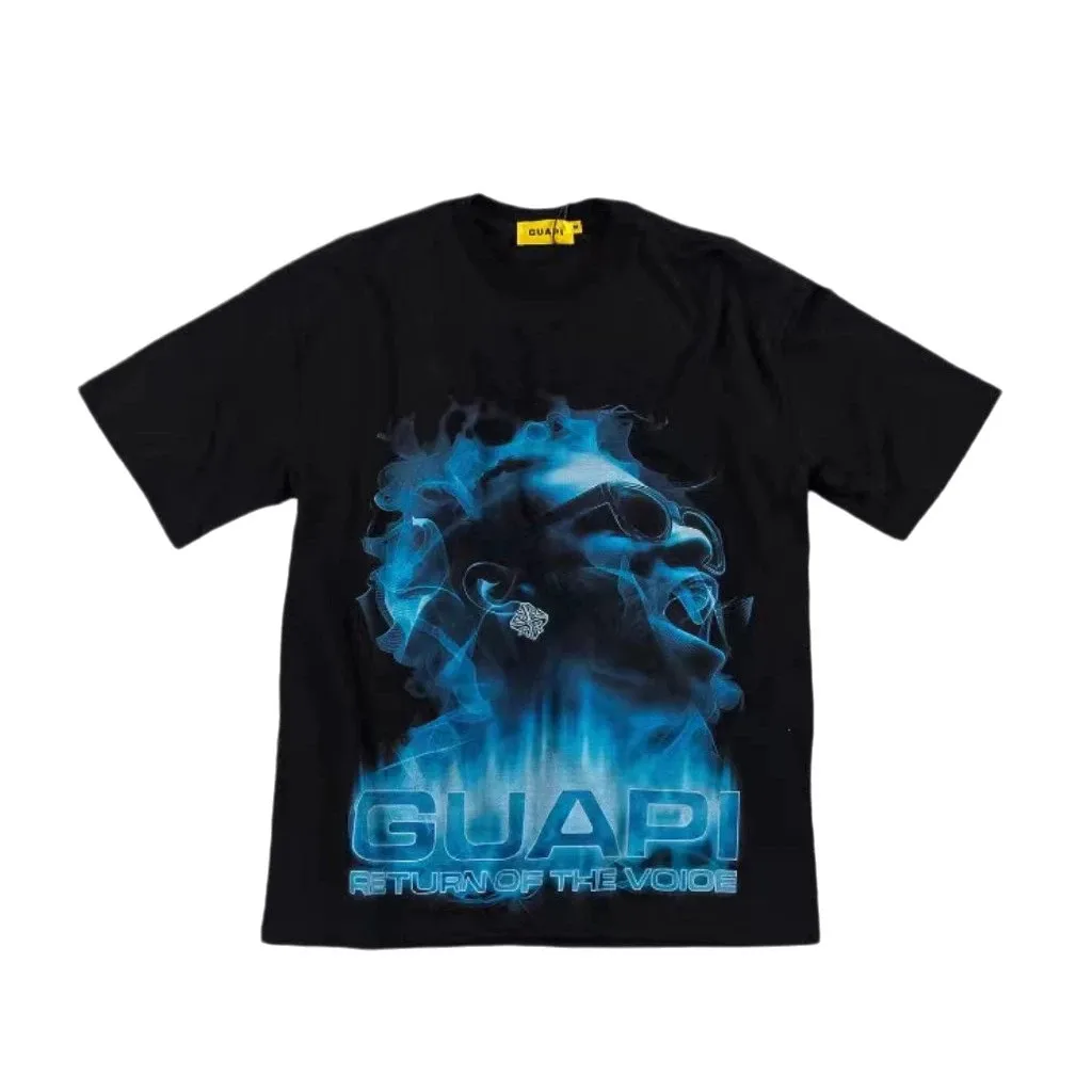 Guapi Retro Blue Flame Smoke Portrait Short-Sleeve Cool Gradient Heavy Wash T-Shirt