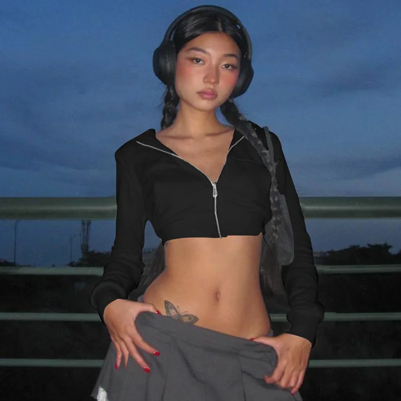autumn sweatshirt crop top jacket women zip up cardigan zipper hooded slim fit long sleeve hoodie coats fitness workout clothes