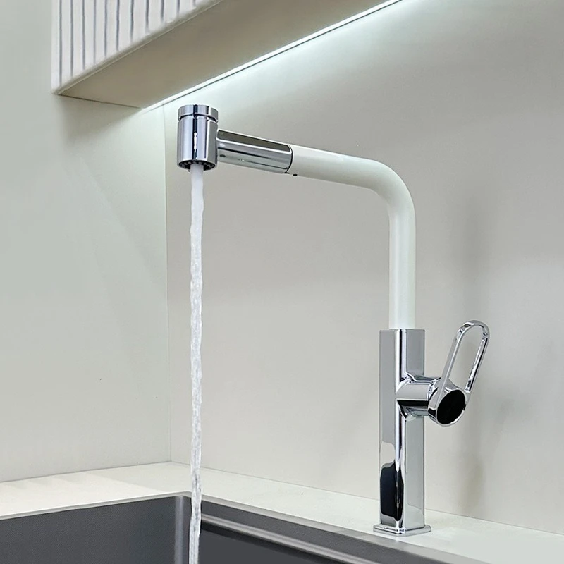 All-Copper Color-Block Pull-Out Hot and Cold Water Faucet, Milk White Kitchen Sink Faucet, Anti-Splash Faucet for Washing Basin