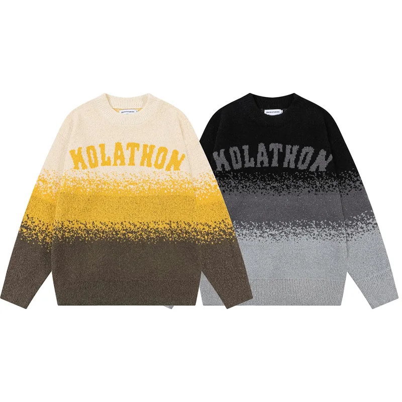 Sweater rajut Vintage pria, Sweater rajut Vintage Harajuku musim dingin benang Loop bertahap populer pullover kasual Vintage longgar Streetwear musim gugur