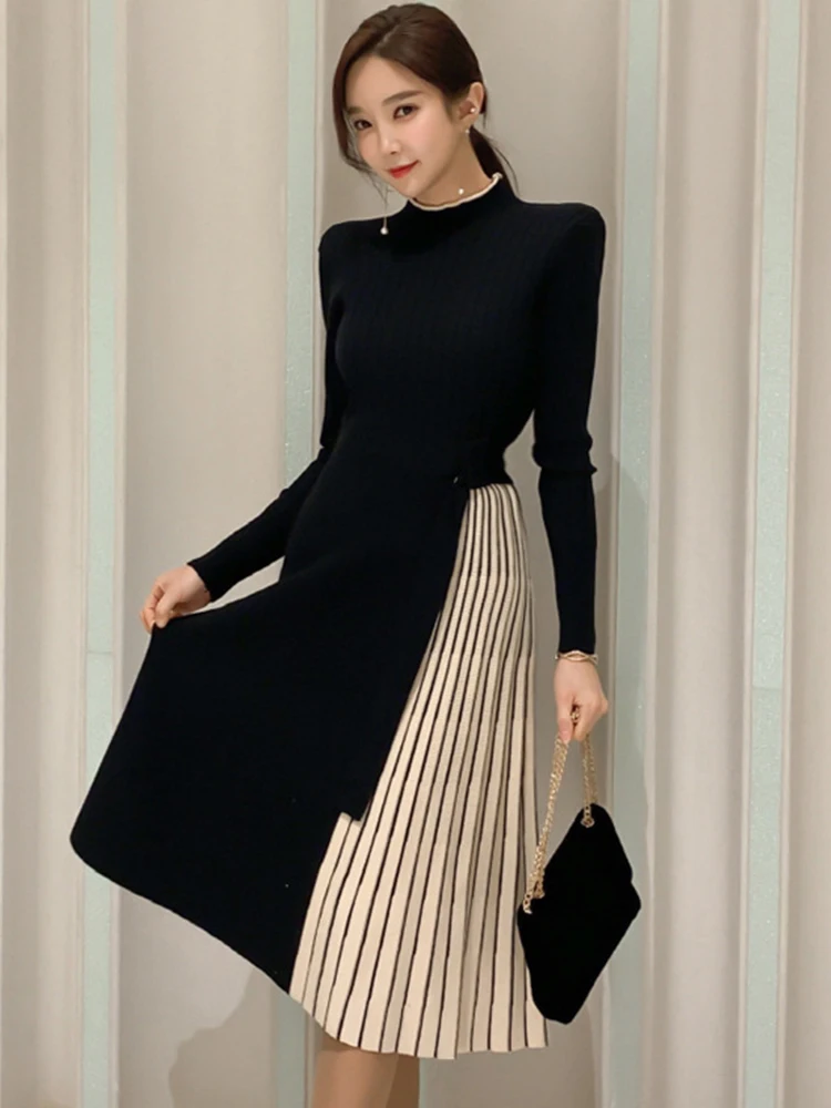 Autumn Winter Elegant Women Midi Dress Lady Vintage Casual Chic Knitted Black Stretchy Belt Pleated Street Robe Femme Vestidos