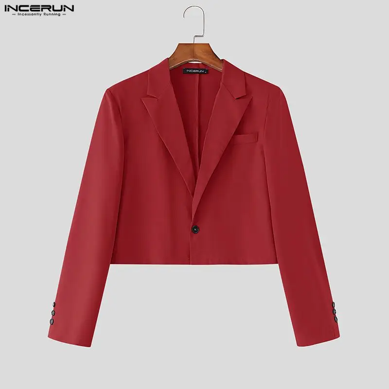 

INCERUN Men Blazer Solid Color Lapel Long Sleeve One Button Male Suit Streetwear 2026 Spring Fashion Casual Crop Coats Men S-3XL