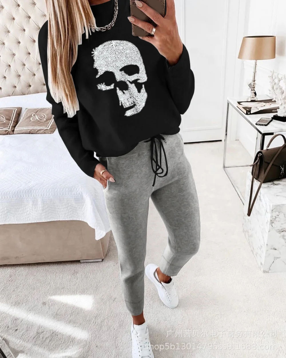 Dames Tweedelige Hoge Kwaliteit 2023 Herfstmode Nieuwe Dames Kaki Liefde Pailletten Top Casual Trekkoord Broek Pak Dame Set Dagelijks