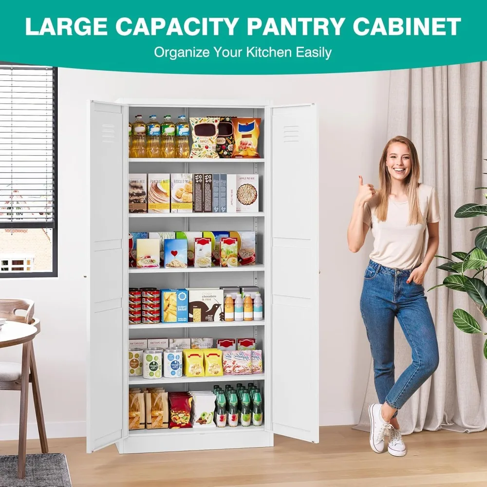 

White Metal Storage Cabinet with 2 Doors and 6 Shelves,71 inch Pantry Storage Cabinet,Tall Large Cupboard with Vent Hole