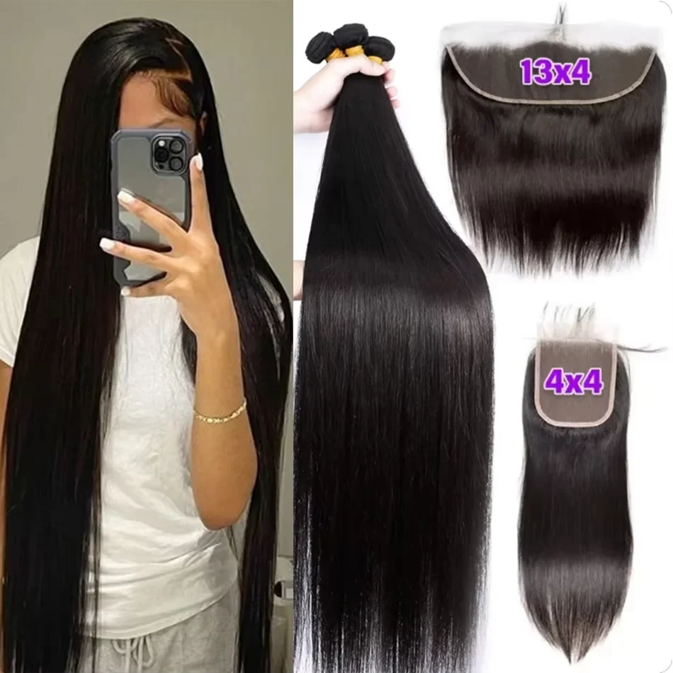 12A 30 32 Inch Straight Human Hair Bundles With 13x4 Frontal 100% Raw Indian Hair 4x4 Lace Closure Bundle Deal Human Hair Weaves