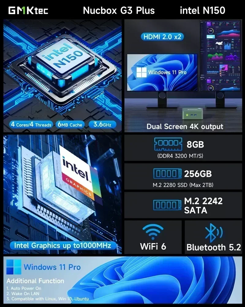 GMKtec G3 PLUS MINI PC نسخة محدثة Twin Lake N150 Windows 11 Pro DDR4 M.2 2280 NVMe SSD PCIE 3.0 WIFI6 BT5.2 4K@60H كمبيوتر صغير